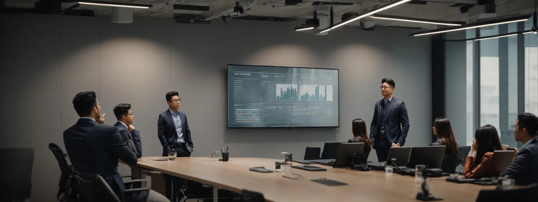a confident individual presenting a digital marketing strategy on a large screen in a modern conference room.