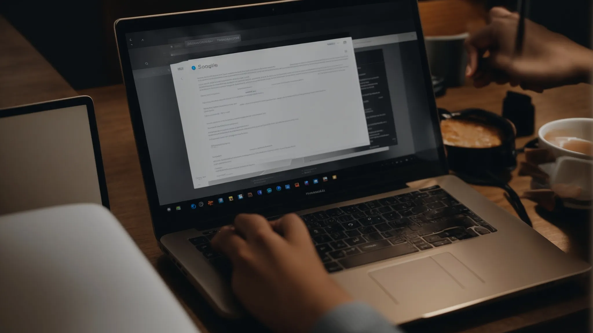 a person typing on a laptop with search engine results on the screen.