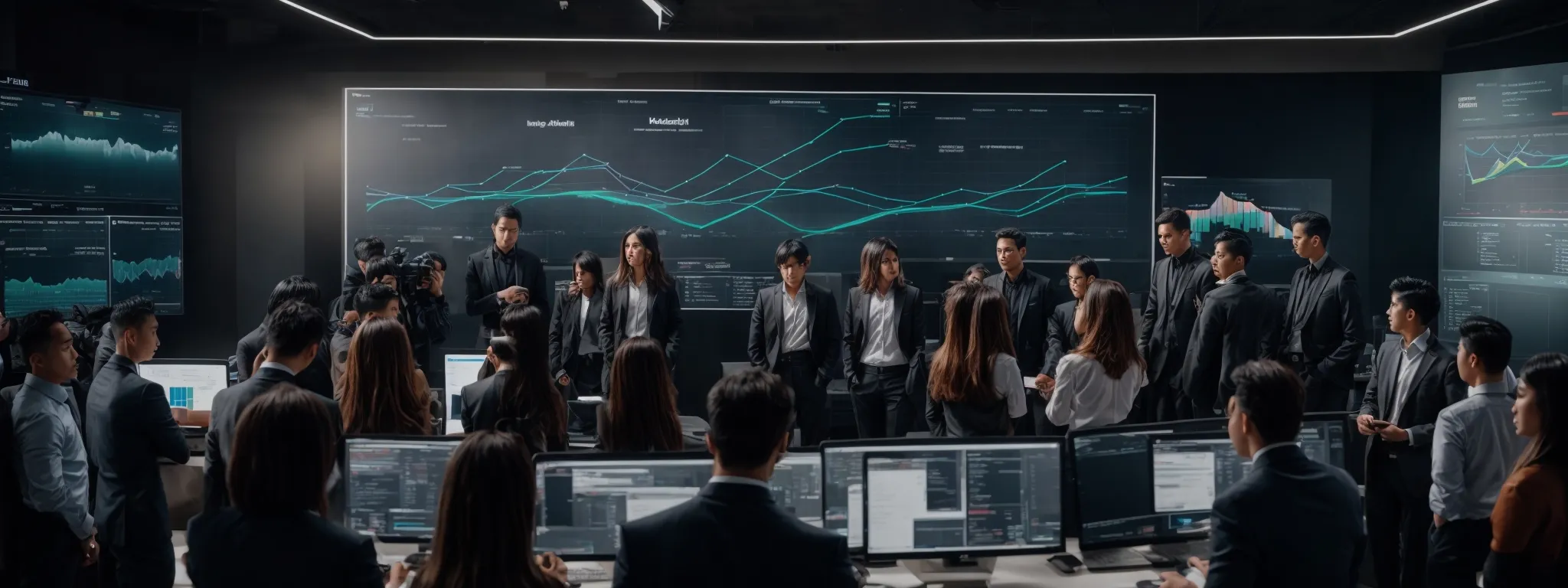a team of marketers gathers around a large screen, analyzing graphs and metrics that represent social media engagement and audience insights.