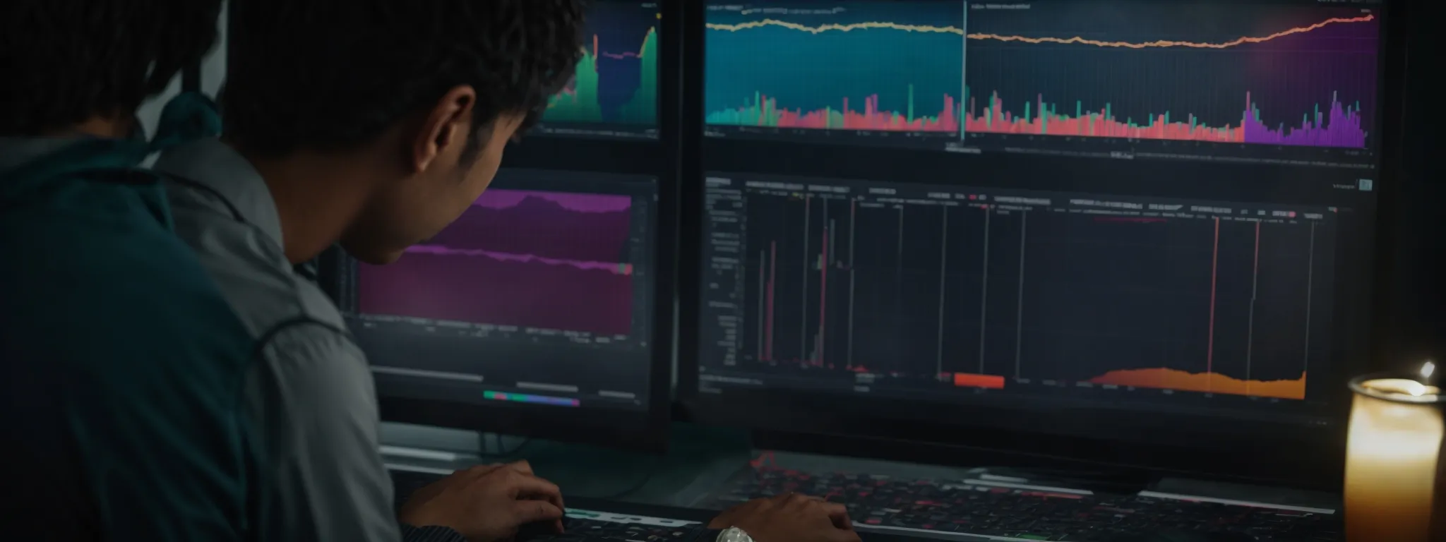 a digital marketing professional analyzing a colorful data dashboard on a computer screen indicating seo performance.