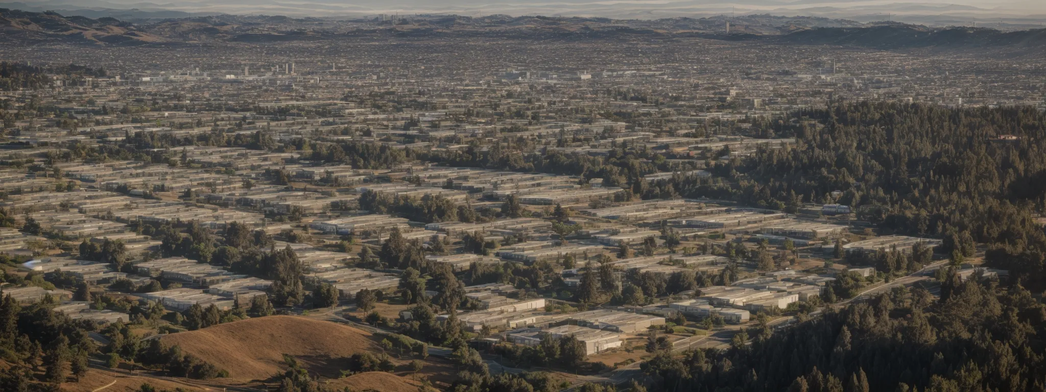 a panoramic view of silicon valley under a digital grid, symbolizing the pervasive reach of google's technology in an evolving digital era.