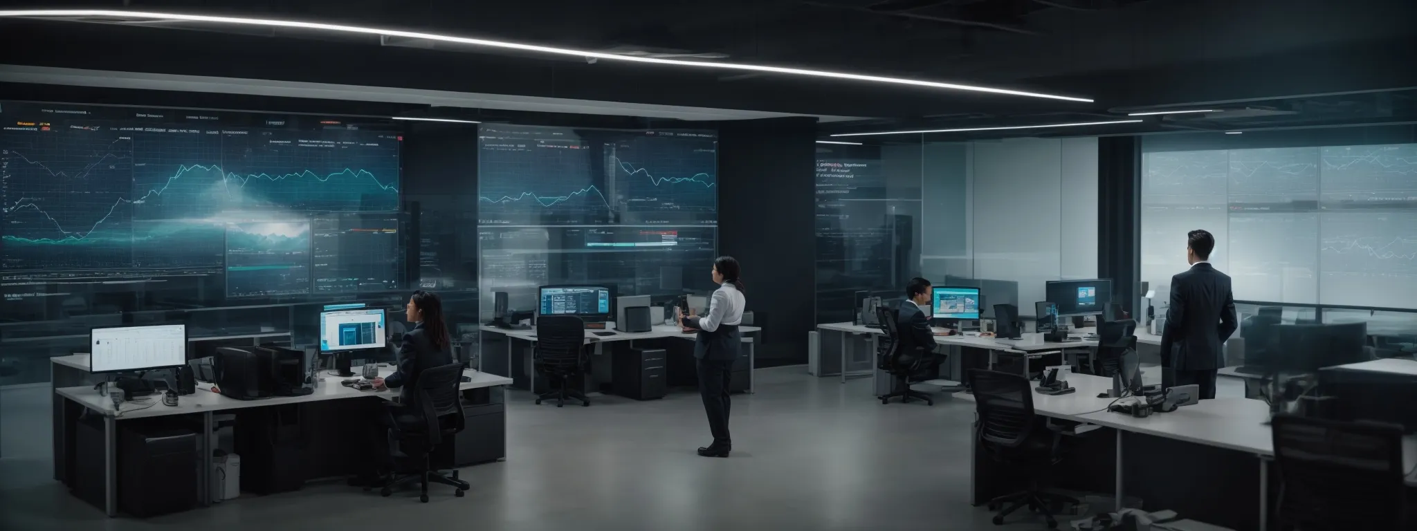 A modern office with several people working at desks and large digital financial charts displayed on the walls.