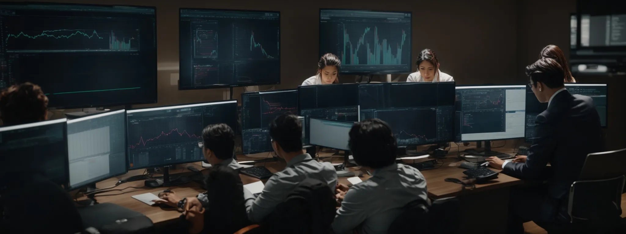 a marketing team is gathered around a computer, intently analyzing charts and graphs on the screen that reflect website traffic and keyword rankings.