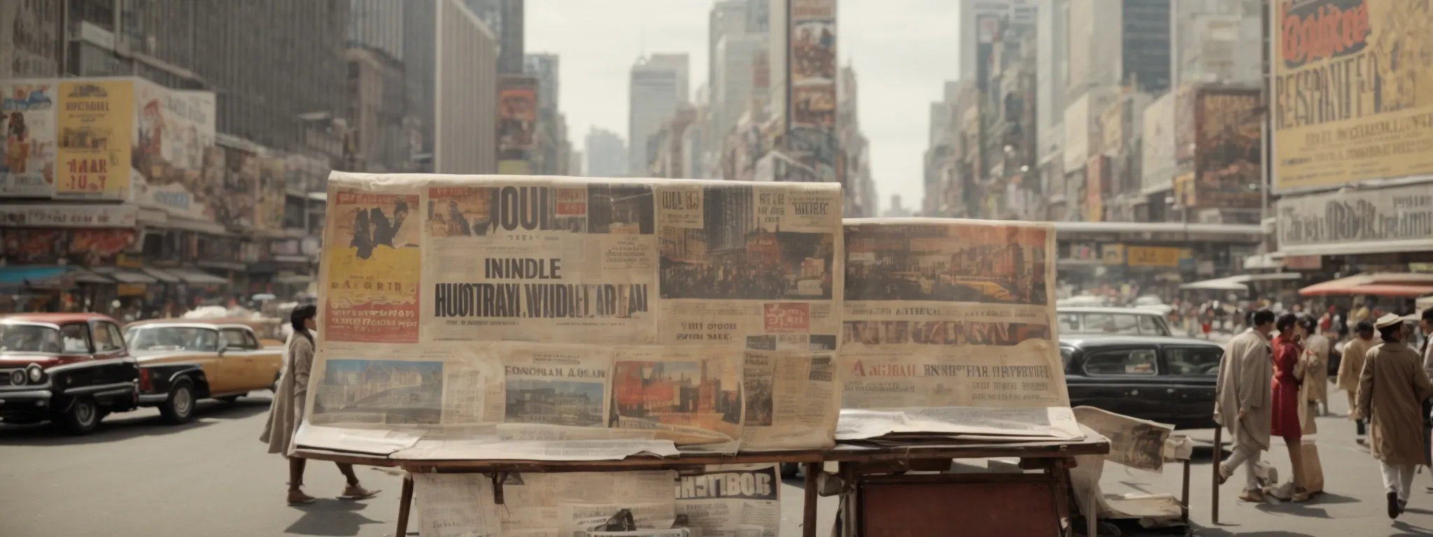 a billboard overlooking a bustling city street or a cluster of vintage newspaper advertisements spread on a table.