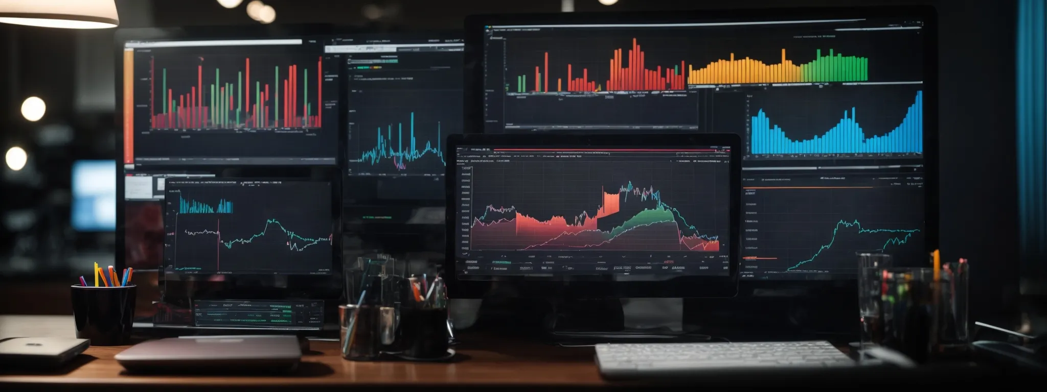 a desktop with a computer displaying colorful graphs and charts symbolizing analytics for digital marketing performance.