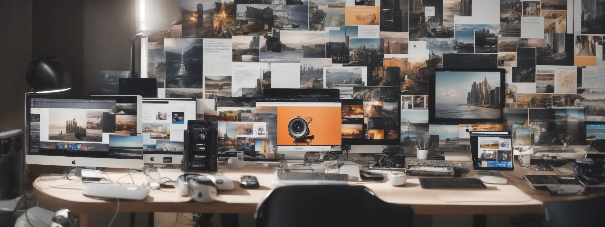 a diverse array of digital devices showcasing various content types, such as blogs, infographics, videos, and podcasts, spread across a modern workspace.