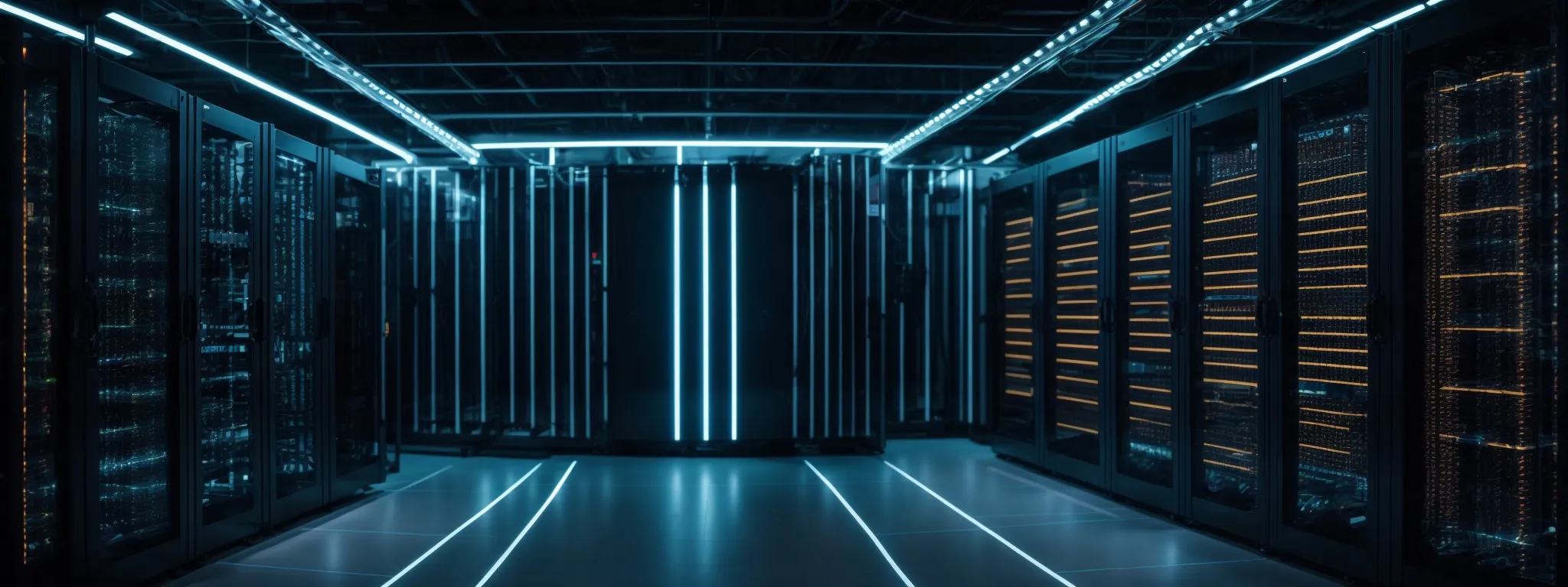 a panoramic view of an advanced data center with rows of server racks and glowing led lights, symbolizing the backbone of seo technology.