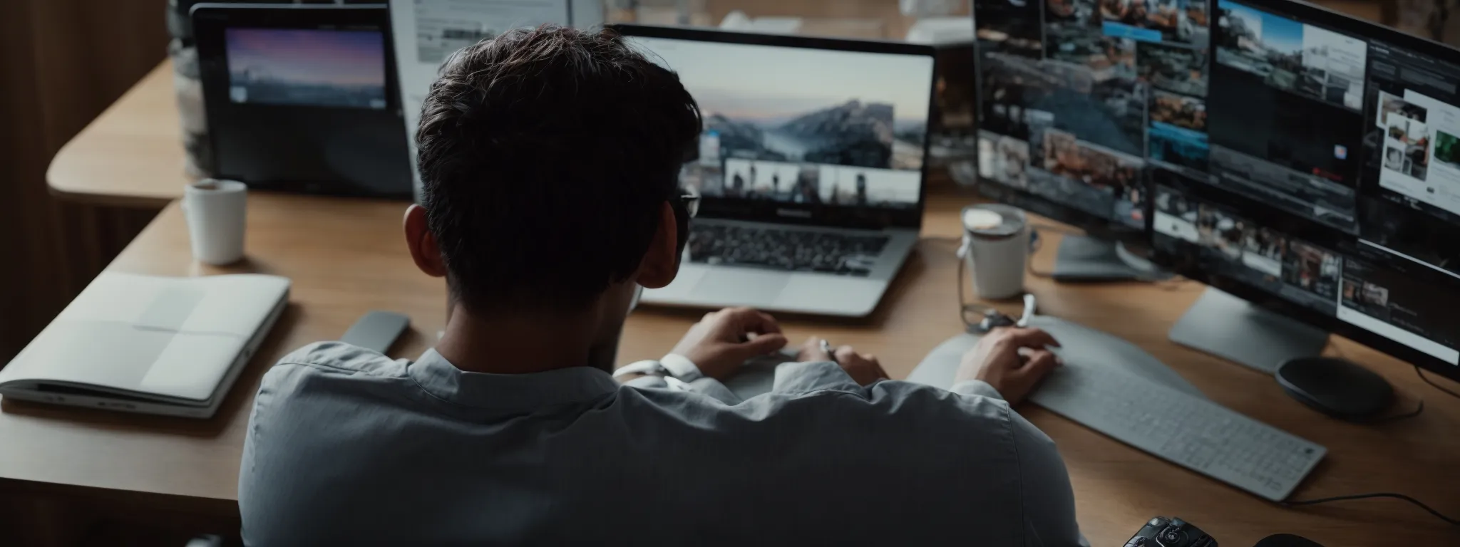 a person sitting at a modern desk with multiple digital devices displaying social media platforms.