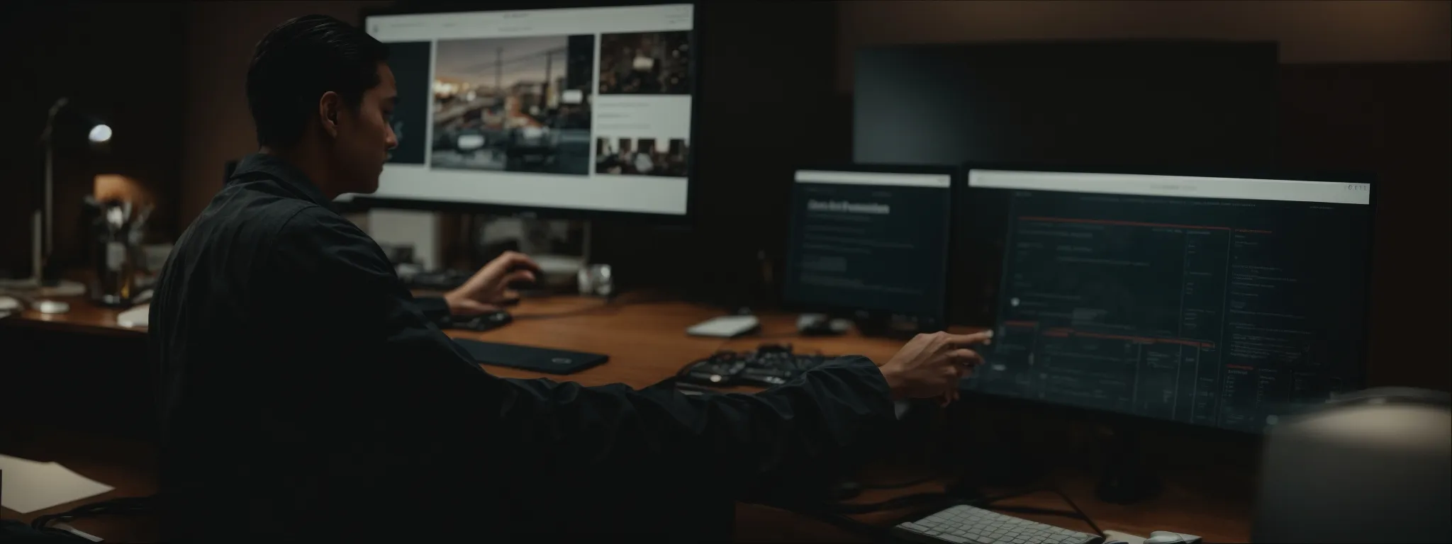 a person at a clean, organized desk pointing at a computer screen displaying a neatly organized website navigation bar.