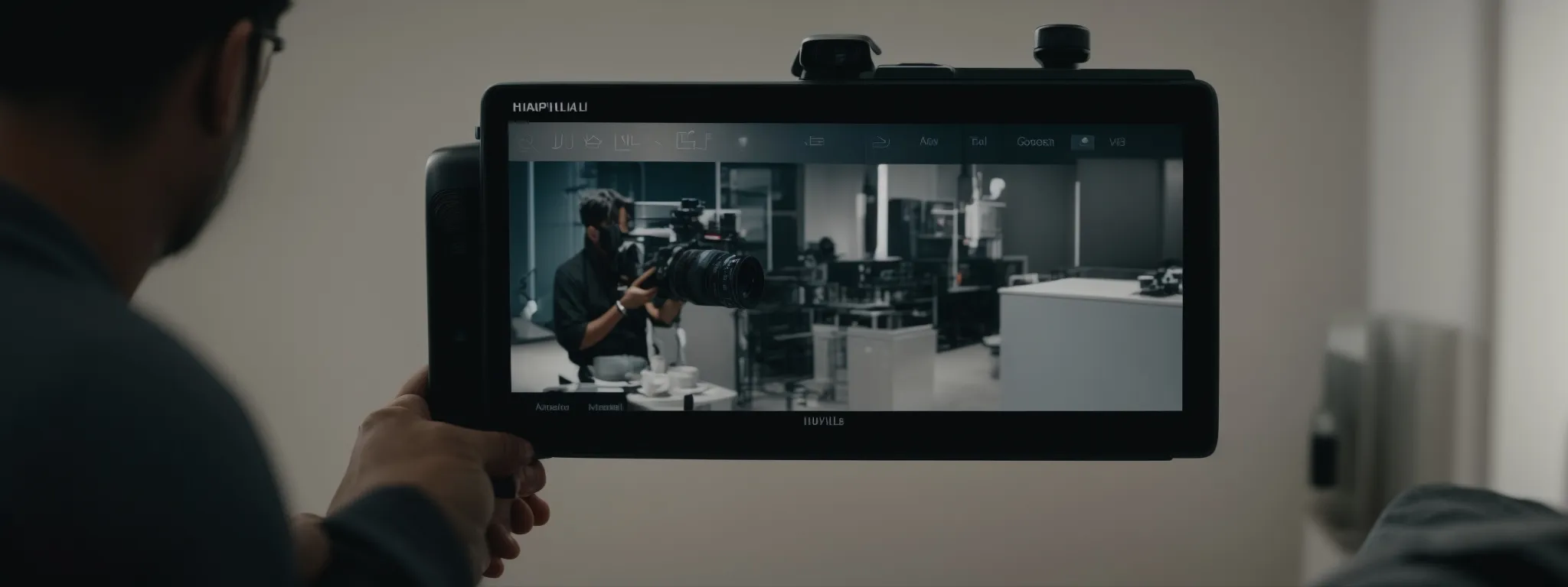 a professional demonstrating the features of a new tech gadget in front of a simple backdrop with a camera filming the presentation.