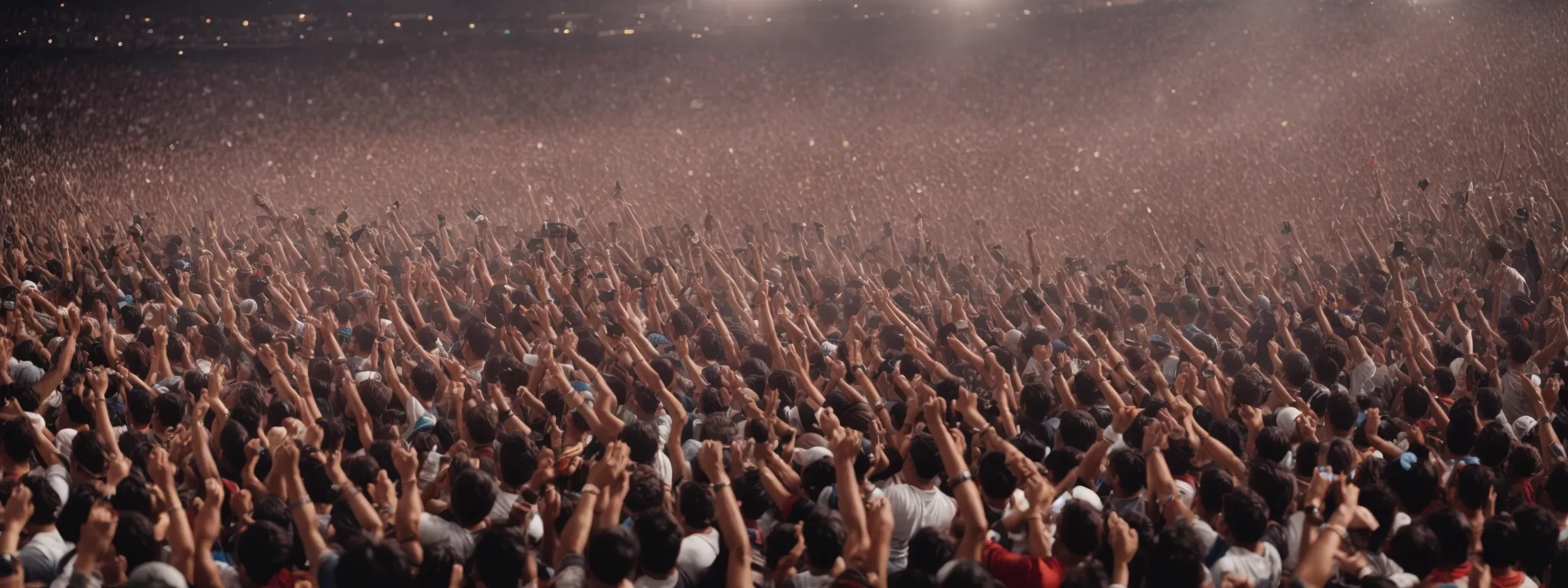a sea of fans, arms raised, headbanging in unison at a fiery heavy metal concert.