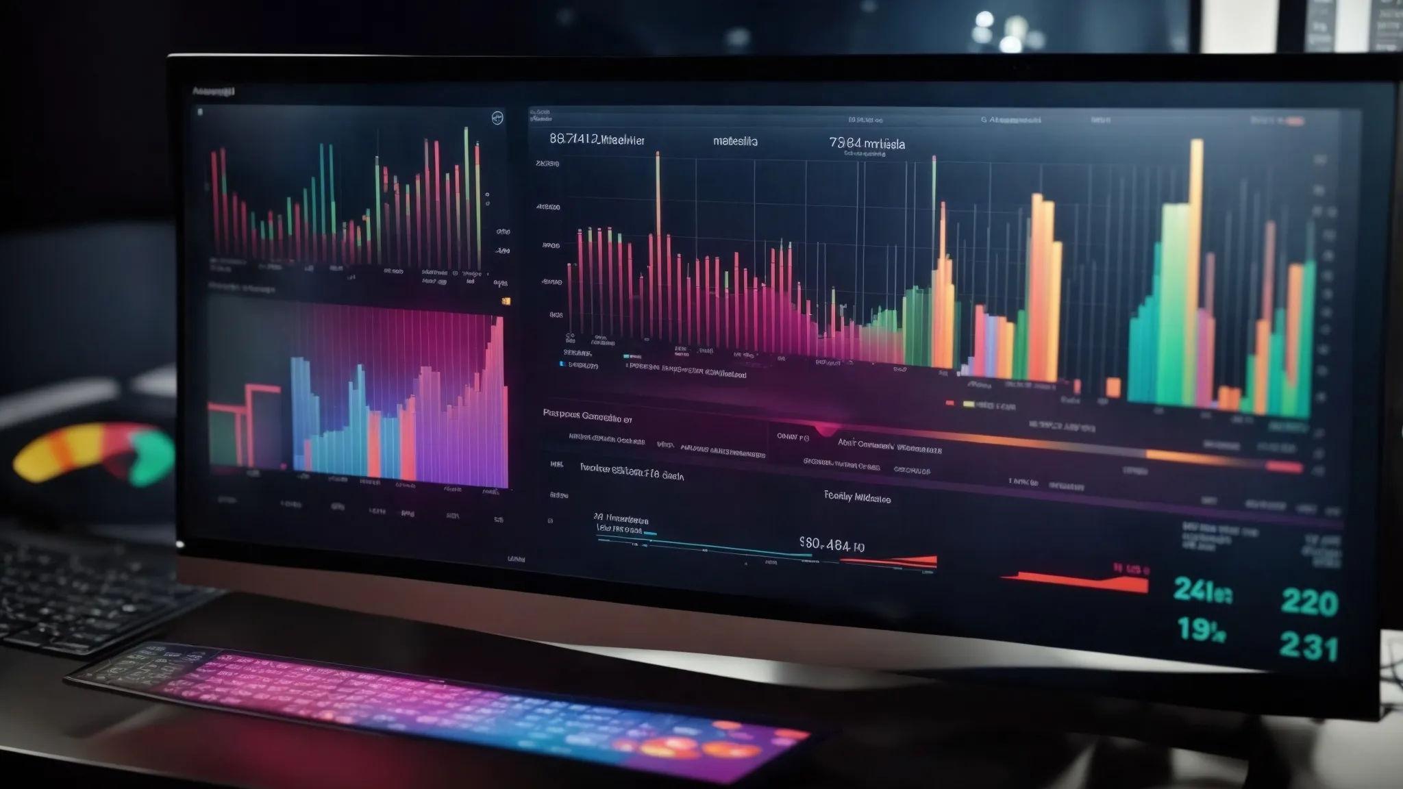 a computer screen displaying colorful graphs and charts that represent online advertising metrics and performance.