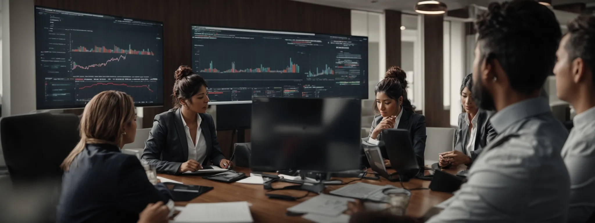 a group of professionals engaged in a collaborative digital marketing strategy session around a large screen displaying analytics graphs.