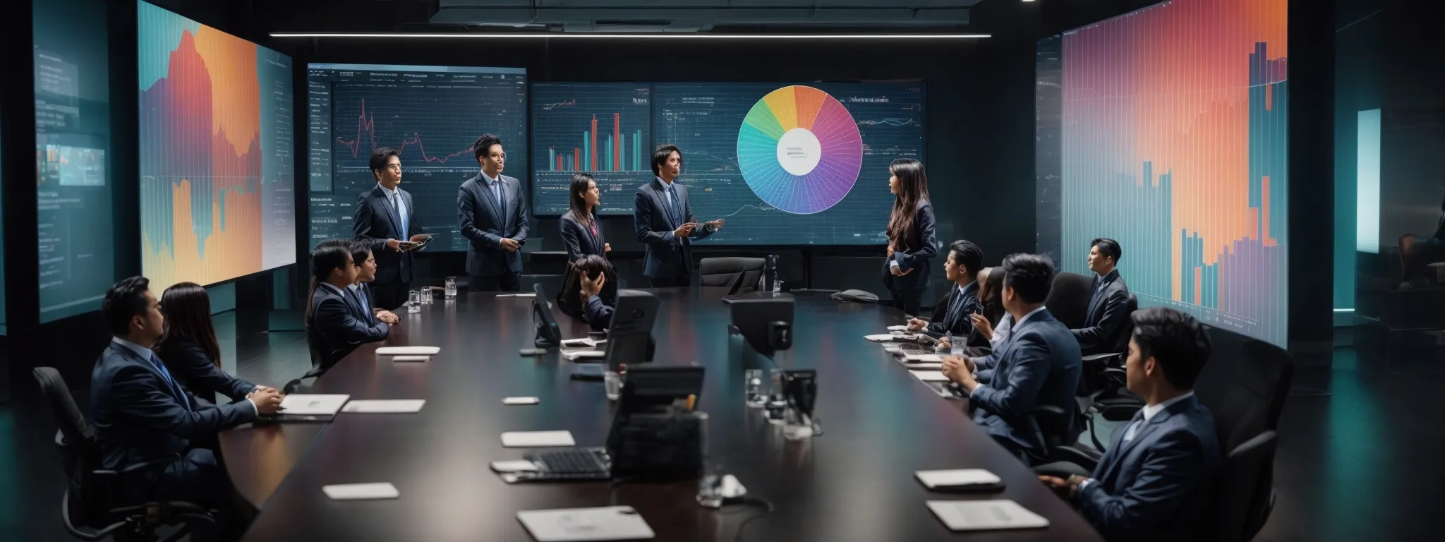 a team of professionals gathers around a modern conference table, engaging in animated discussion over large screens displaying colorful graphs and marketing analytics.