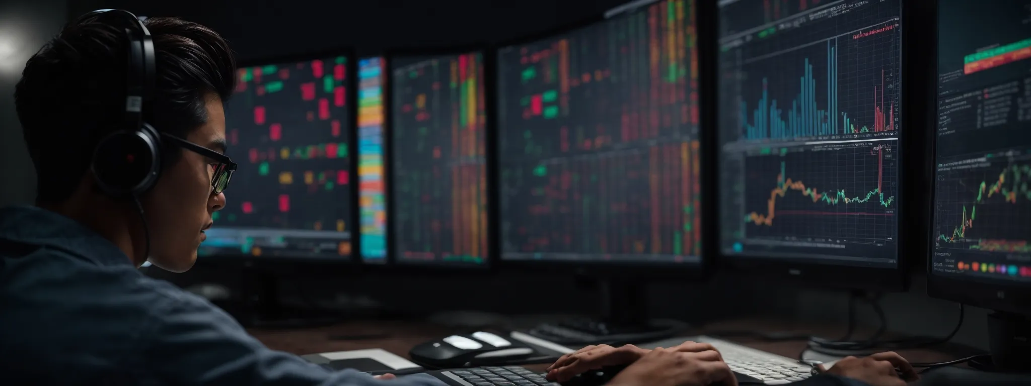 a focused individual working on a computer displaying colorful analytics and seo data.
