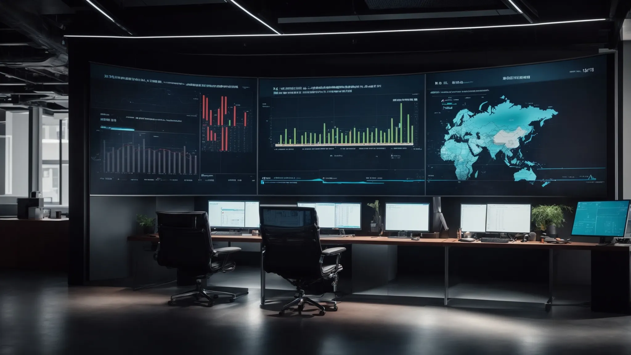 a futuristic, high-tech office with a wall-sized screen displaying graphs and analytics.