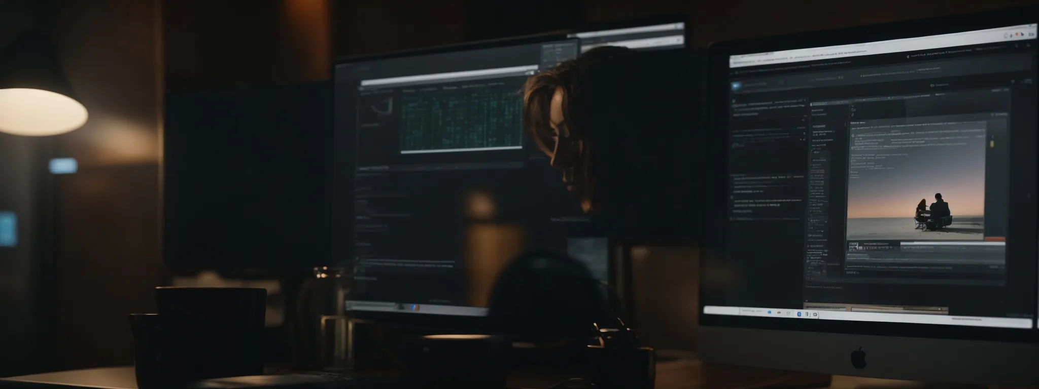 a focused individual typing on a computer with an open webpage and an seo analysis tool displaying on the screen.