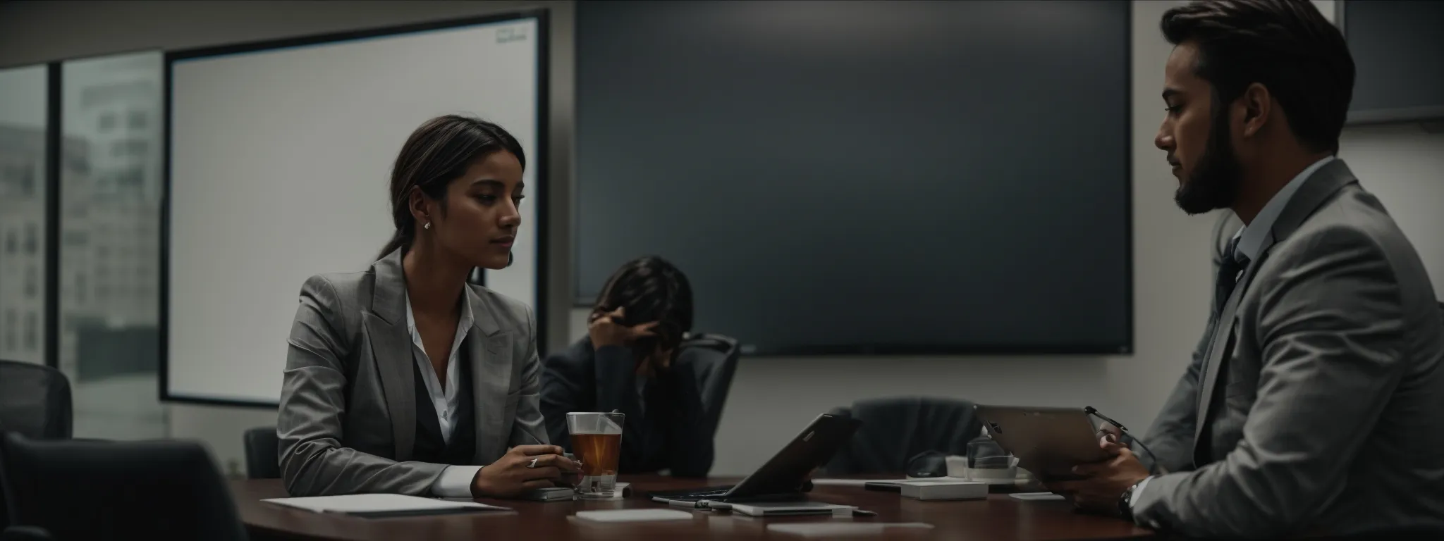 two business professionals sit at a conference table, engaged in discussion with a laptop open and a whiteboard in the background.