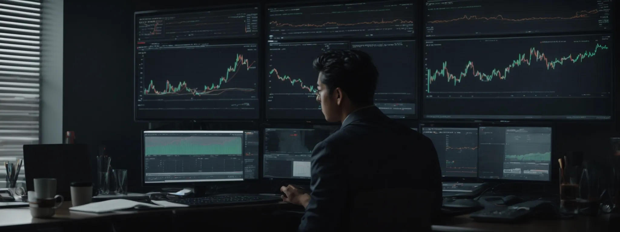 a person sitting at a computer desk with the screen displaying graphs and charts, symbolizing web optimization analysis.