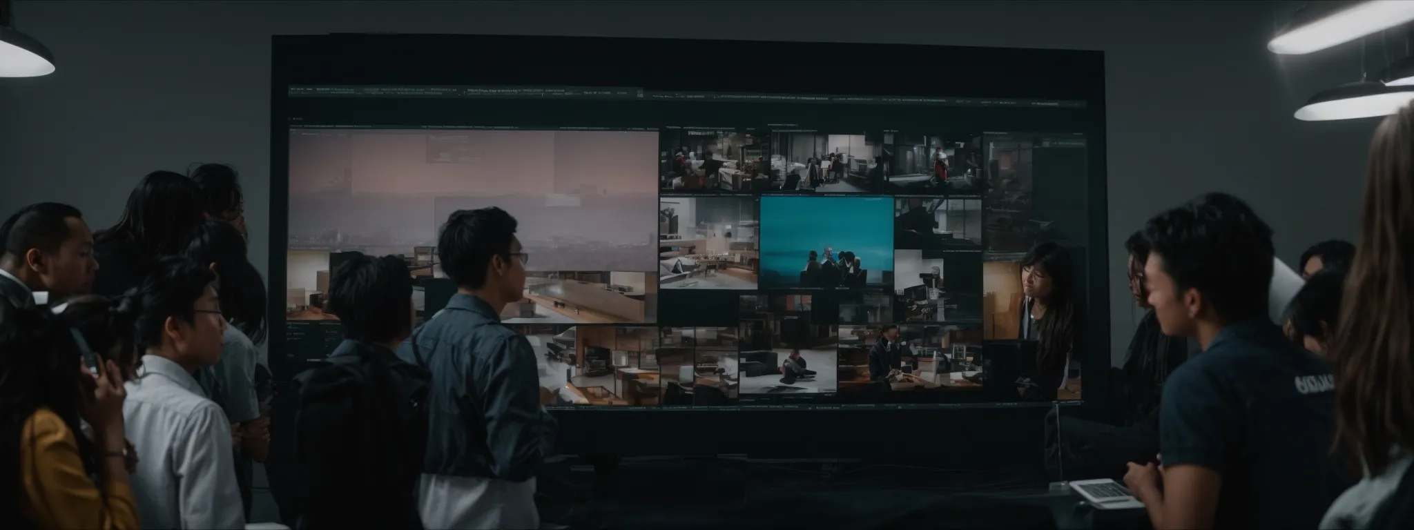 a team gathered around a large digital screen, reviewing a visual content planning interface.