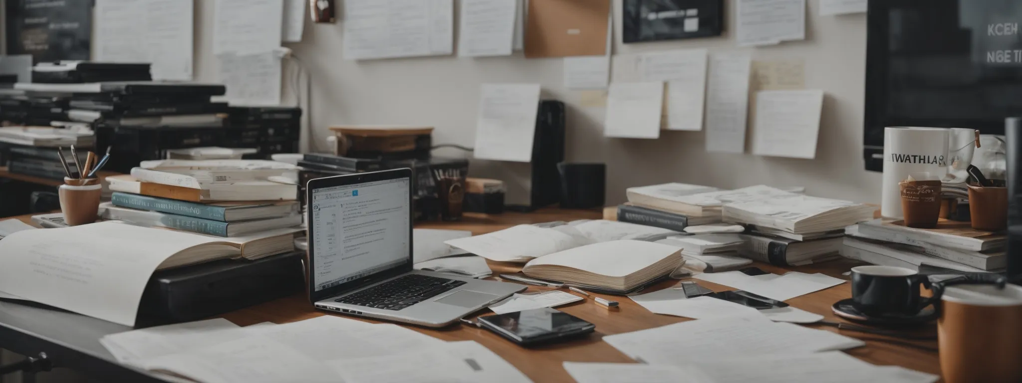 a person sitting at a desk with an open laptop, various seo-related books scattered around, and a whiteboard with seo concepts in the background.