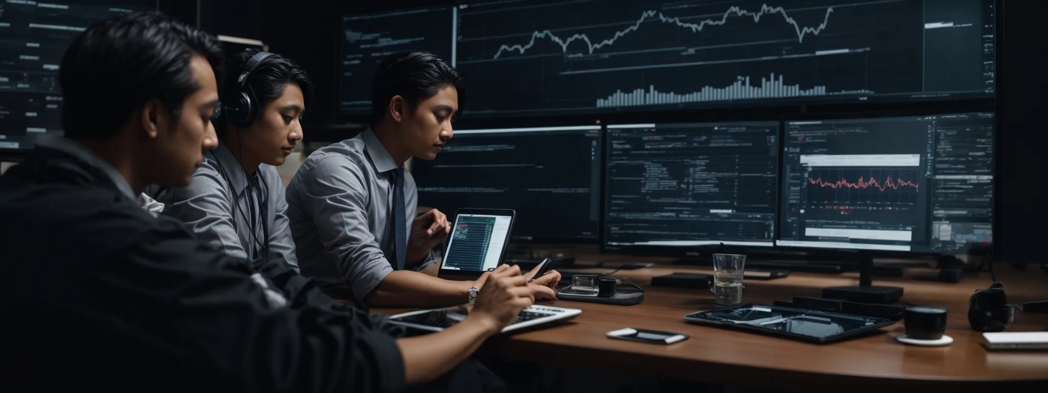 a professional team analyzing data metrics on smartphones and tablets to enhance mobile web performance.