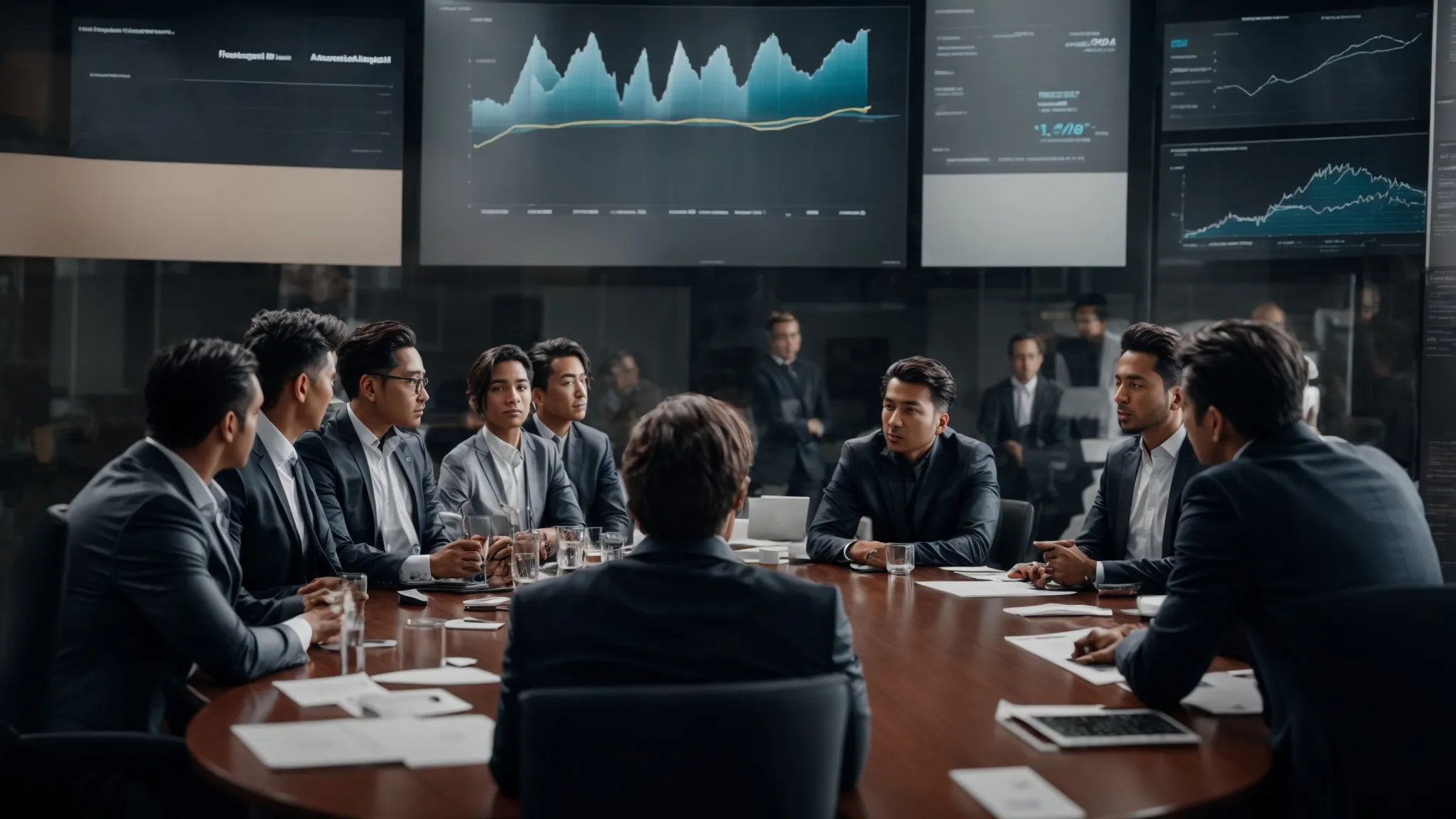 a group of professionals engaged in a strategic meeting around a large screen displaying website analytics.