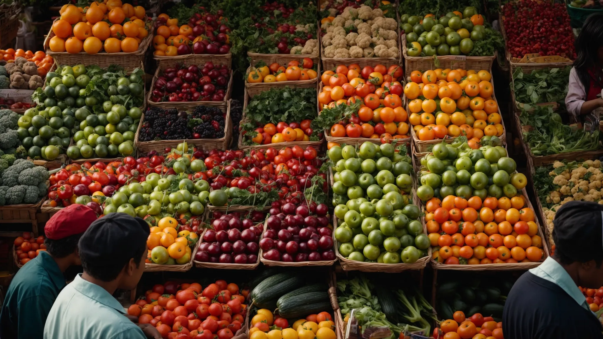 an orderly array of colorful fruits and vegetables neatly displayed on a bustling market stall with vendors and customers engaged in lively trade.