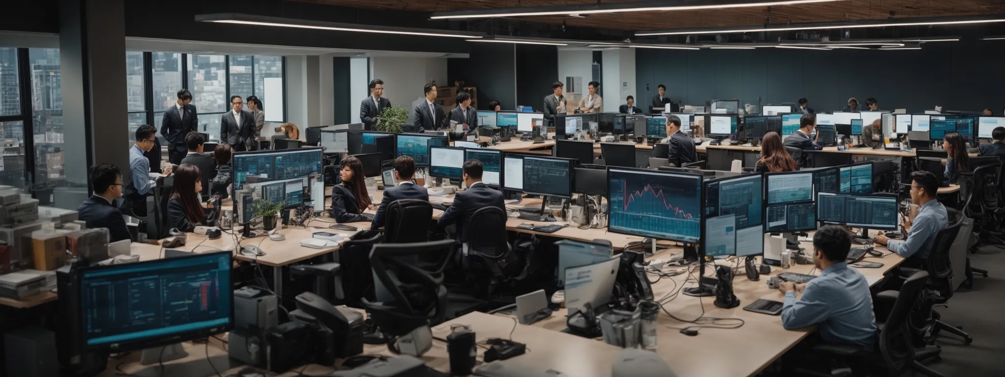 a vibrant open office space with a team of professionals gathered around a large table, intently focused on a central monitor displaying colorful graphs of social media metrics.