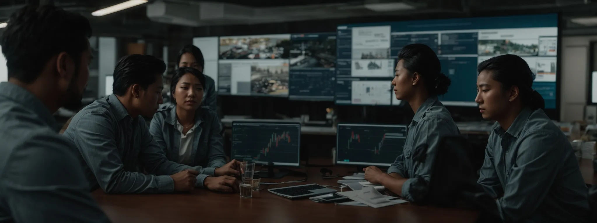 a dynamic team gathered around a digital screen, analyzing marketing data and strategizing an online campaign.