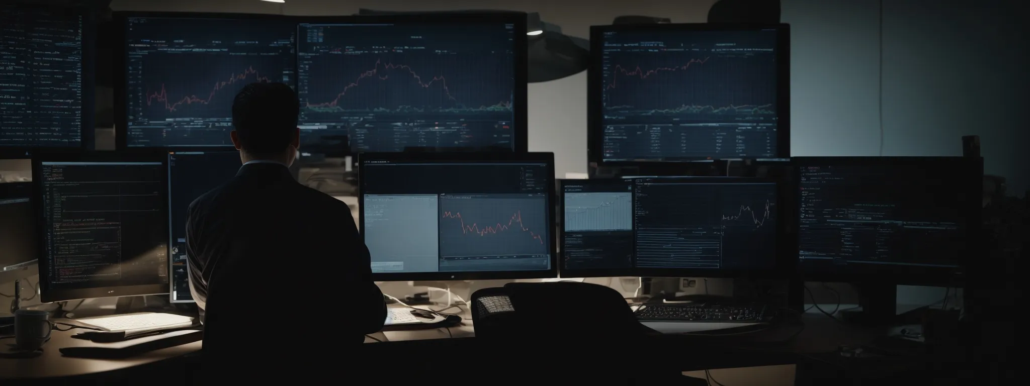 a person sitting at a computer analyzing data on the screen, with webpages and analytics tools open.