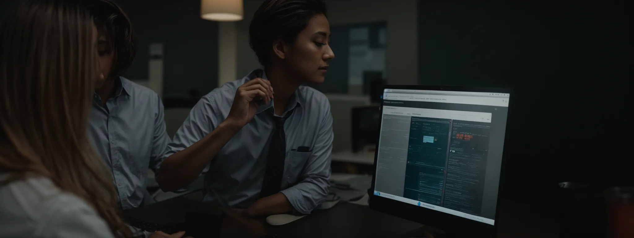 a therapist reviews analytics on a computer screen, adjusting the website's seo settings.