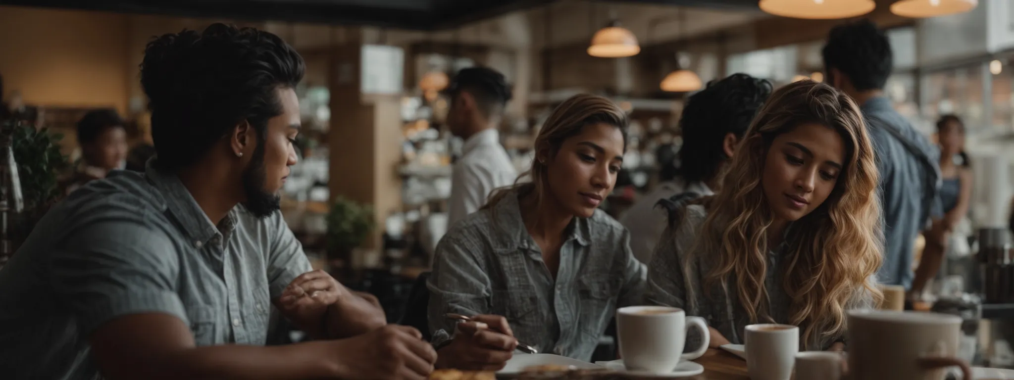an entrepreneur engages with local customers on social media from a bustling coffee shop.
