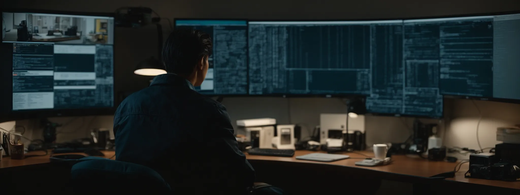 a person sits before a dual monitor computer setup, analyzing a website's metadata in a peaceful, well-lit office space.