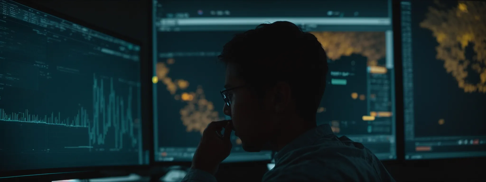 a focused individual intently analyzes data on a computer screen, optimizing a website's content for seo.