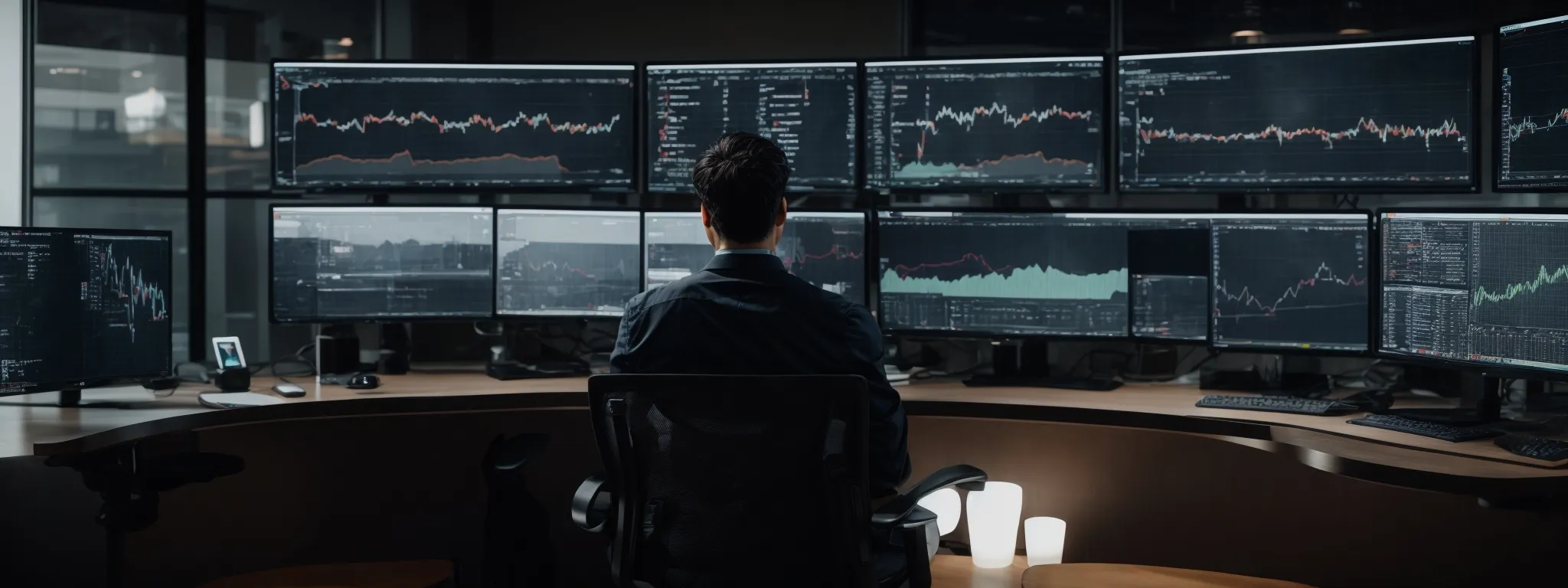 a person sitting at a modern workspace with dual monitors displaying charts and analytics, reflecting the review and optimization of seo strategies.