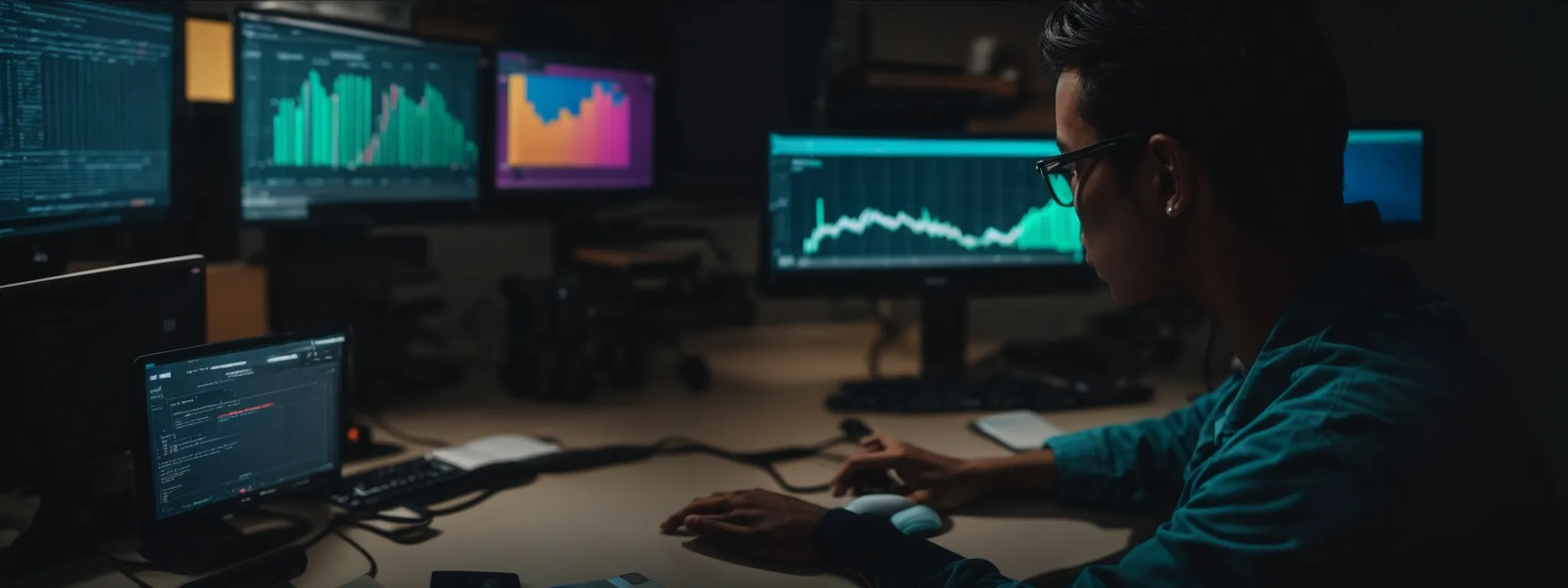 a person sitting at a computer, analyzing data trends on a colorful screen display, with a clear focus on optimizing digital content.