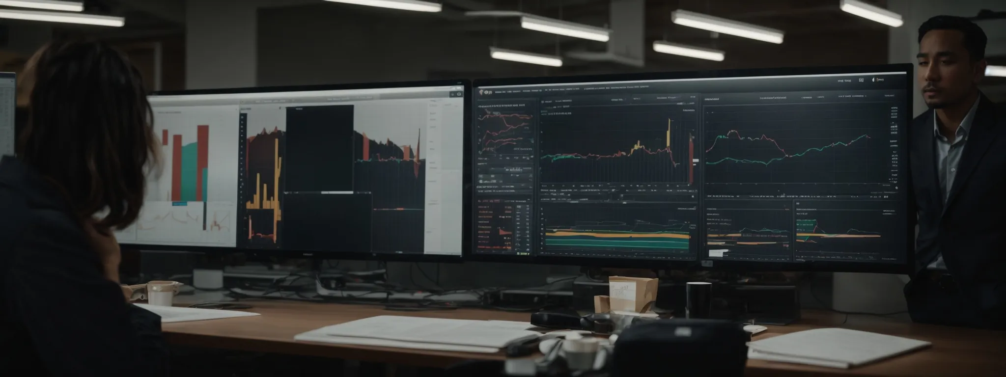 Two people in an office review large monitors displaying various financial charts, graphs, and data visualizations in a dimly lit workspace.