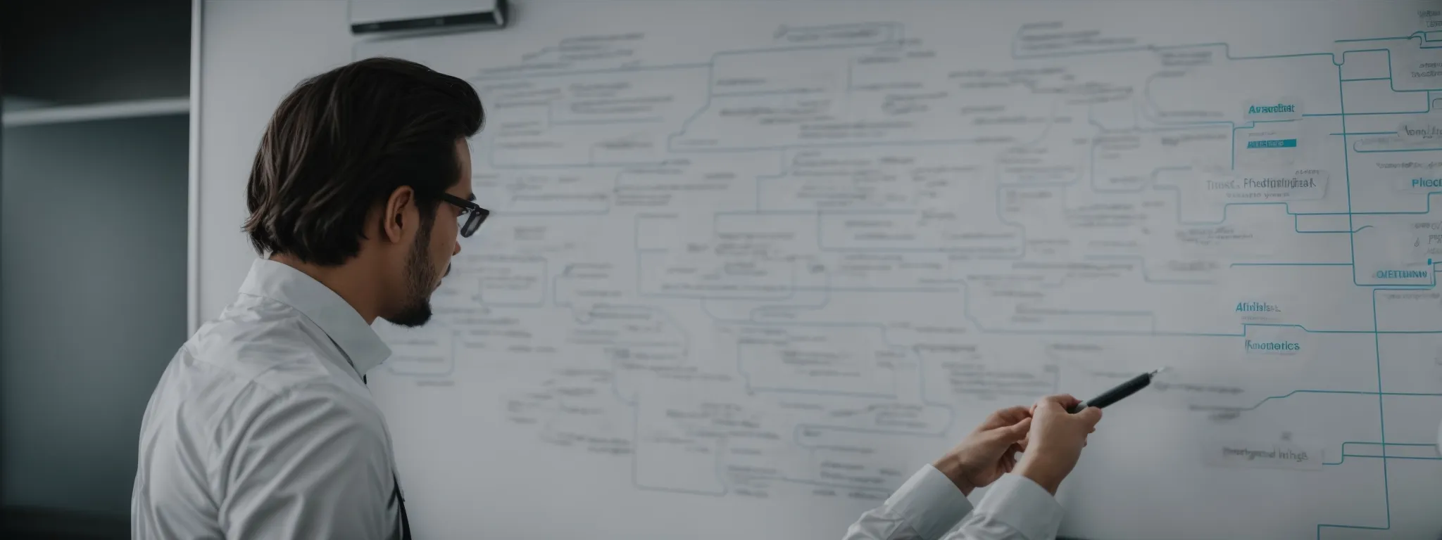 a focused individual reviews a flowchart illustrating seo strategies on a whiteboard in a modern office environment.