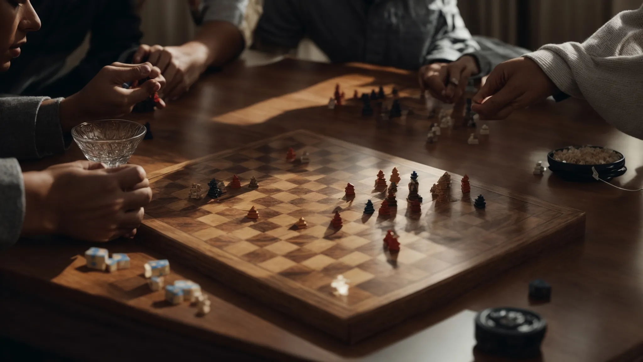two individuals are engaged in a strategic board game, symbolizing the tactical nature of seo versus google ads.