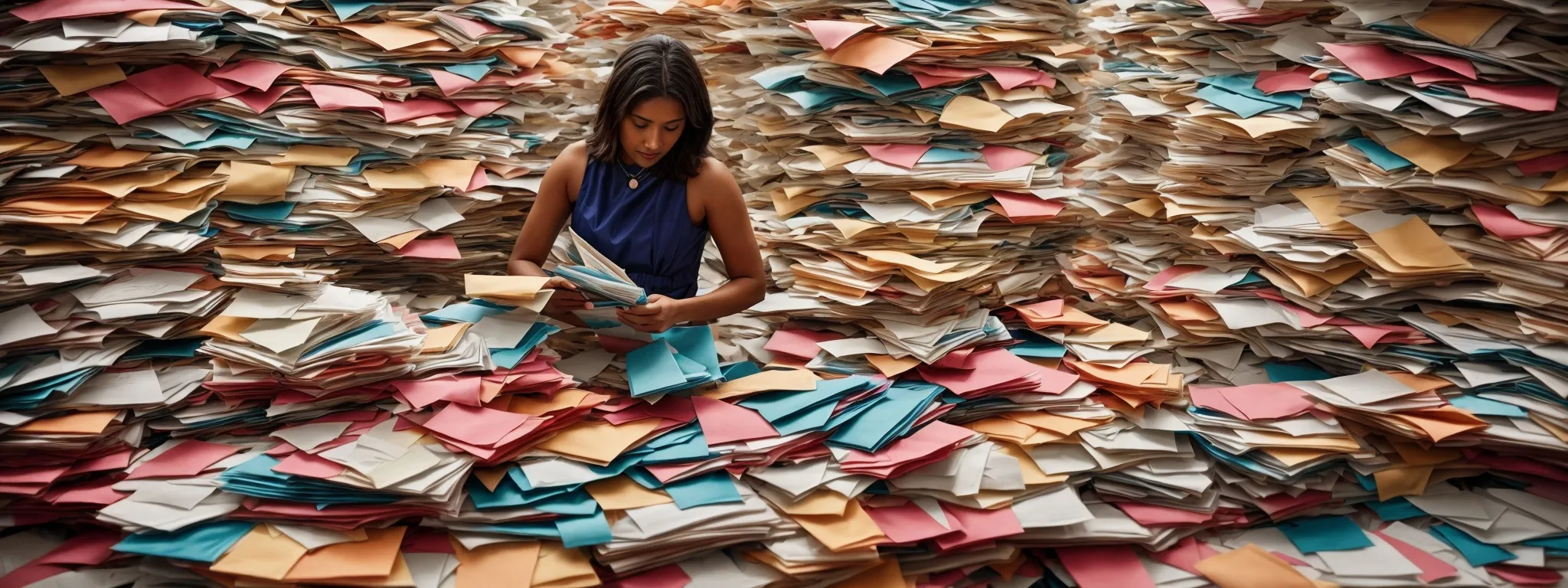 a person sorting through a colorful pile of envelopes representing targeted email segments.