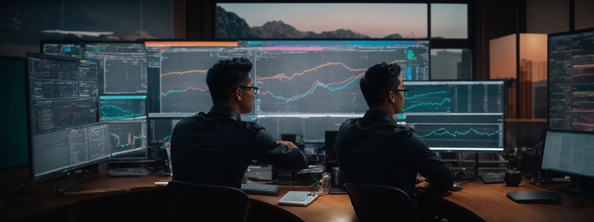 a marketer analyzing colorful seo graphs on a large monitor displaying keyword ranking positions.
