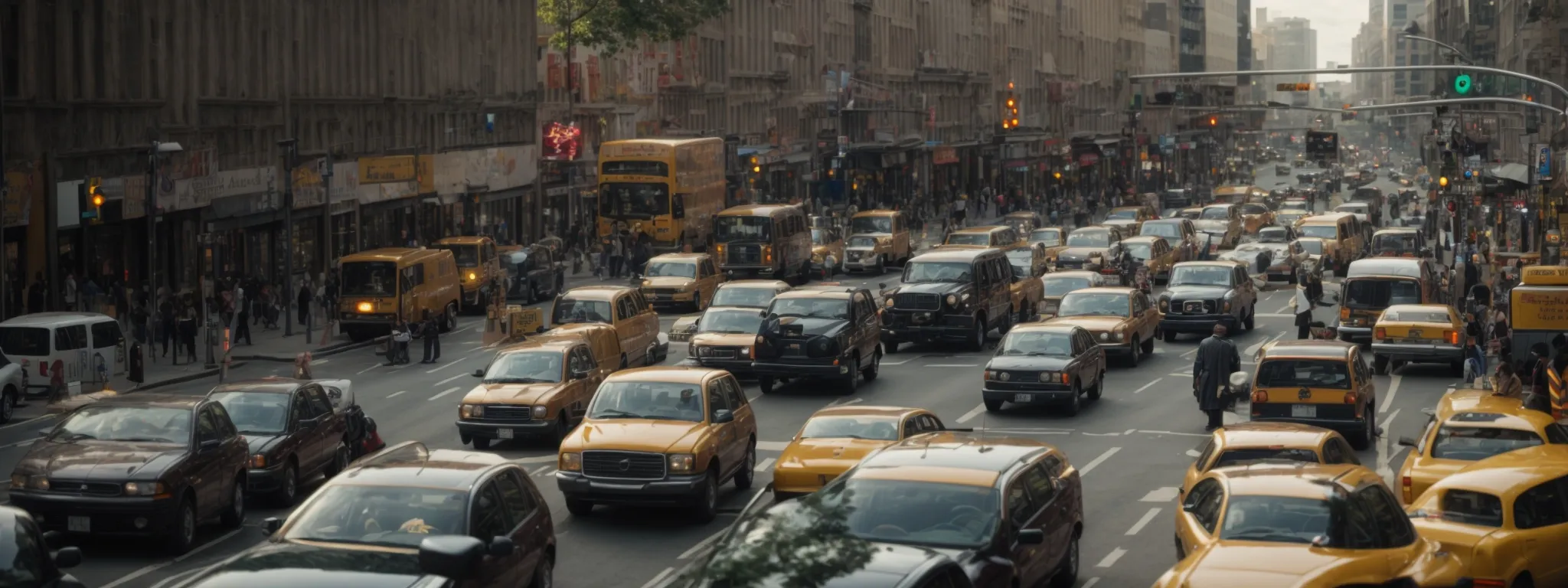 a bustling city intersection with a diverse flow of vehicles indicating heavy traffic movement.