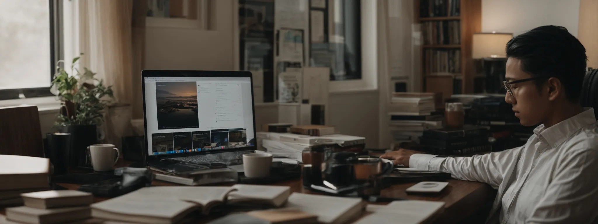 a person peacefully working on a laptop in a quiet home office, surrounded by niche market research books and a whiteboard with seo strategies.