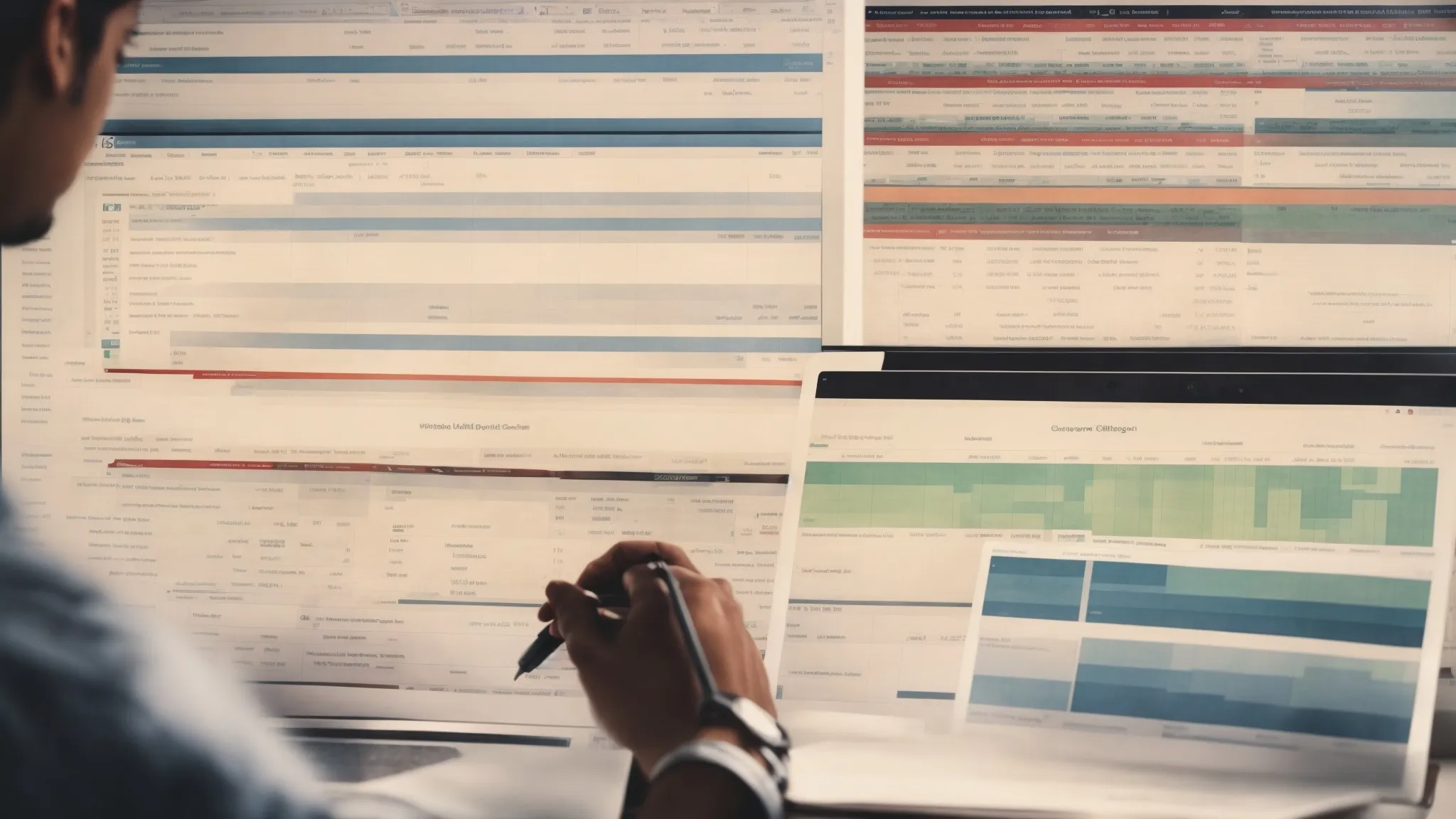 a marketer reviews a spreadsheet with website traffic metrics on a computer screen while a stack of seo strategy reports sits beside them.