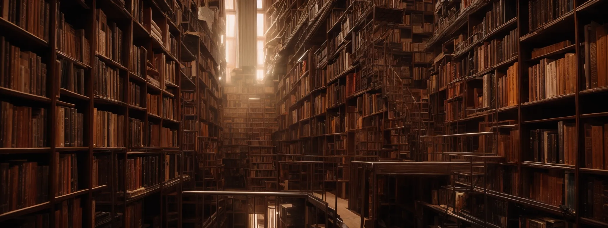 a labyrinthine library with alleys of interconnected bookshelves symbolizing the complex network of internal website links enhancing seo.