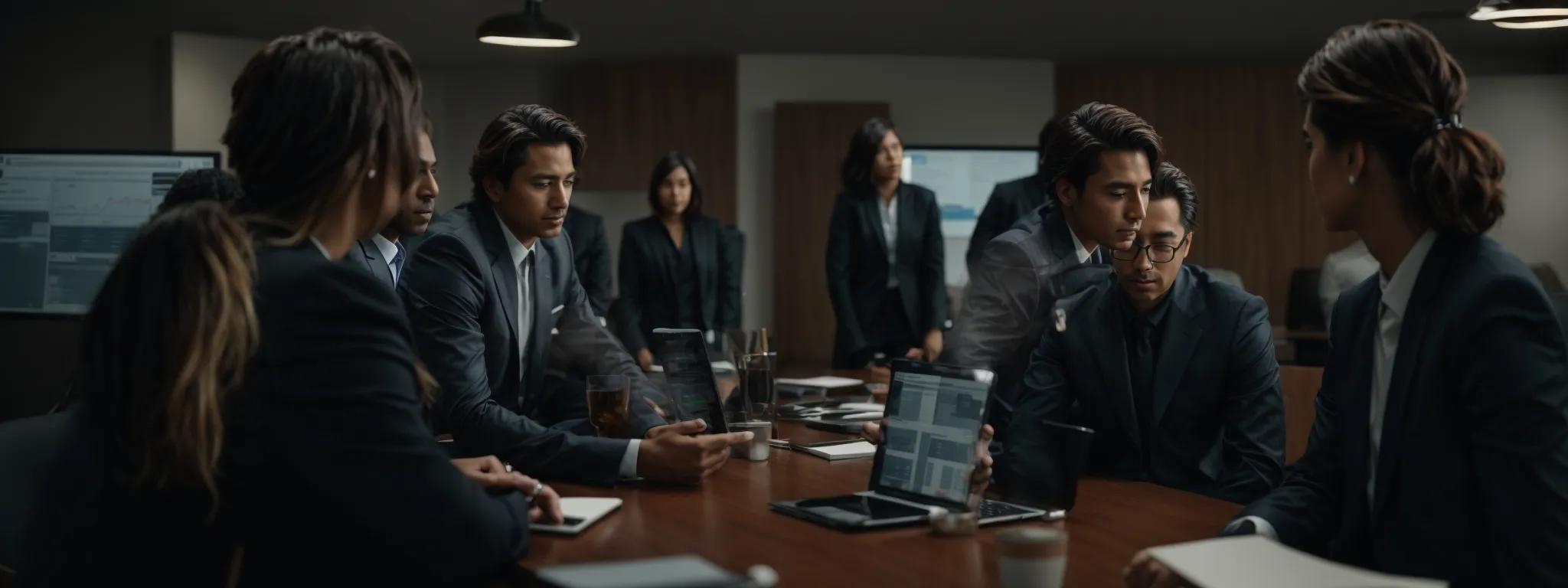 a group of professionals gathers around a conference room table, engrossed in an animated discussion with laptops and digital tablets displaying analytics charts.