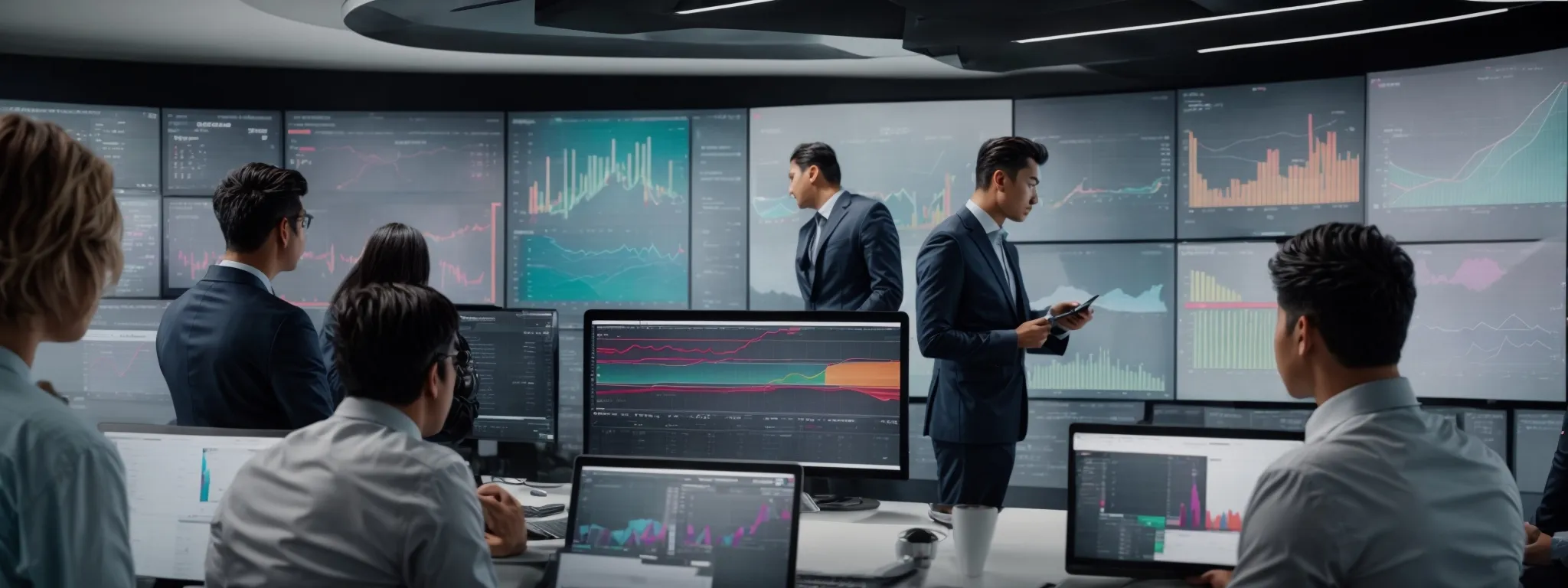 a team of professionals gathers around a large digital screen displaying colorful graphs and marketing analytics.