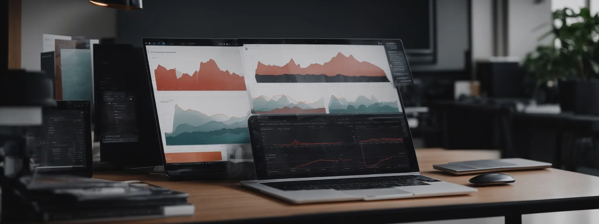 a laptop displays charts and graphs while resting on a minimalist desk against the backdrop of a sleek, modern fashion studio.