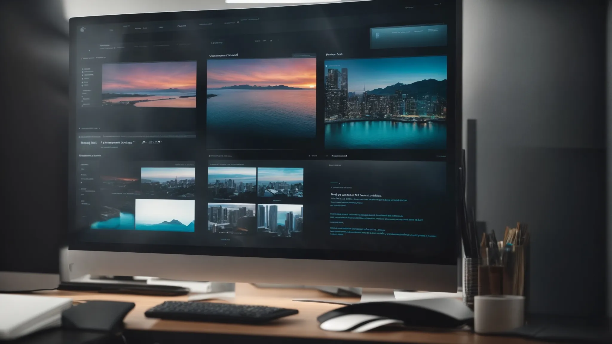 a sleek modern office with a large computer monitor displaying a vibrant webpage, symbolizing strategic design in a corporate web development environment.